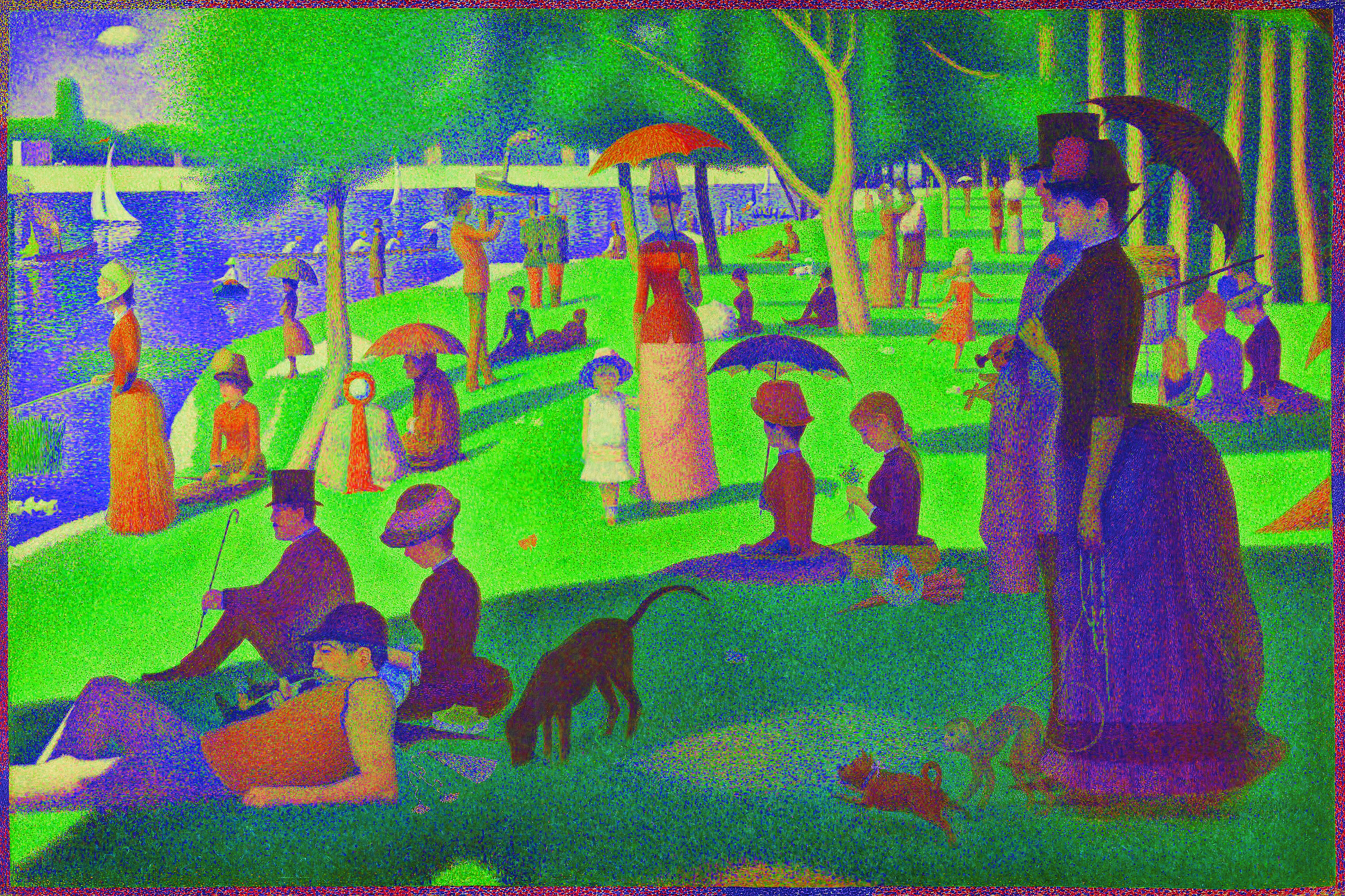 The color palette of the painting is limited to a single shade of each color, creating broader groups from the individual values.